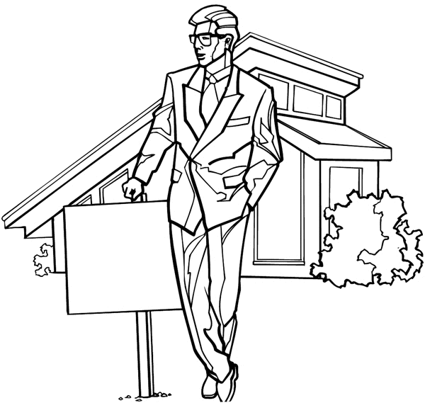Man in front of a new home vinyl sticker. Customize on line. Houses Homes Buildings 053-0159
